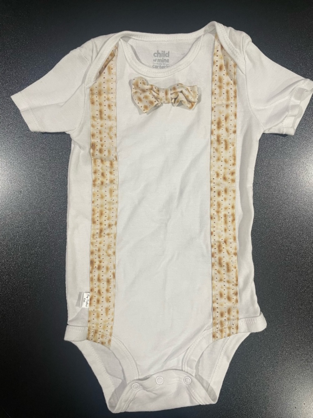 White One-Piece with Matzo inspired Suspenders & Bow tie 24 mo. 🍷🫓